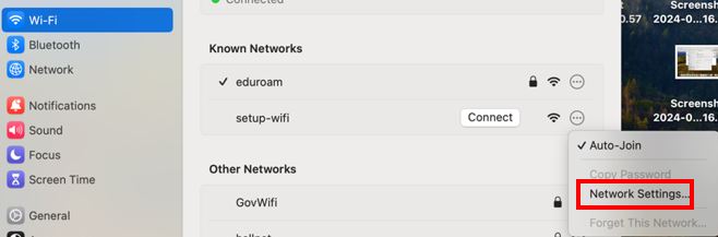 macOS wifi settings with selection for setup wifi option and network settings option highlighted